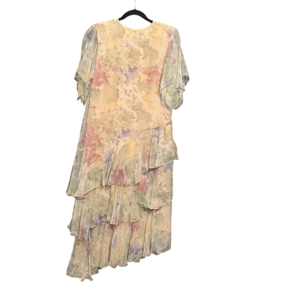 VTG Ursula of Switzerland Tiered Flutter Floral Midi Dress Pastel Watercolor 8
